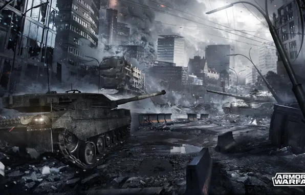 The city, smoke, home, the ruins, tanks, Armored Warfare