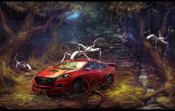 Picture forest, roots, robots, the ruins, Dodge, Car