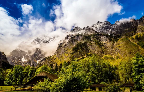Clouds, trees, mountains, rocks, Germany, Am Konigssee