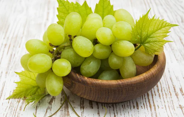 Leaves, grapes, bowl