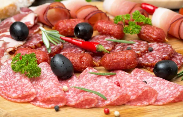 Olives, sausage, bacon, spices, peers
