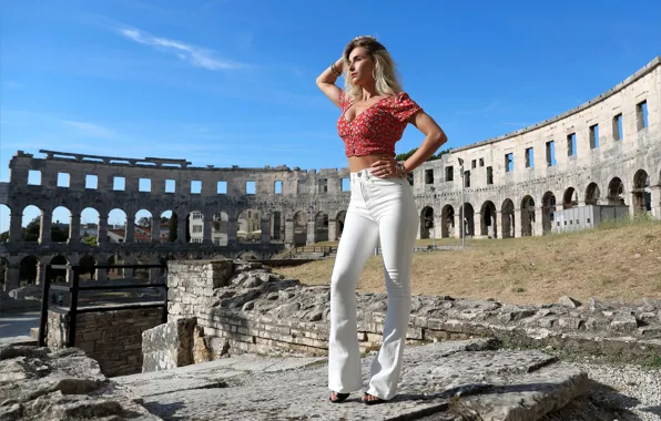 Rock, cleavage, hot girl, stone, clouds, model, ruins, blue sky