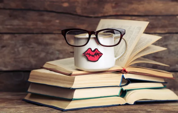 Picture books, coffee, glasses, mug, cup, lips, funny, glasses
