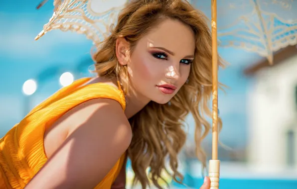 Picture look, girl, the sun, umbrella, makeup, hairstyle, blonde, beauty