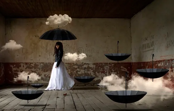 Girl, clouds, fantasy, room, art, umbrellas