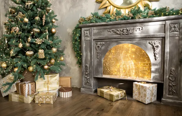 Decoration, lights, holiday, gift, tree, interior, fireplace