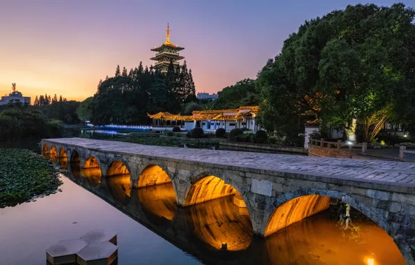 Picture landscape, night, bridge, nature, pond, Park, lighting, China