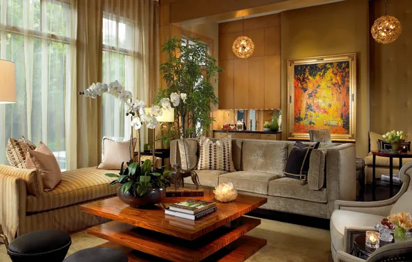 Flowers, design, room, interior, retro style, living room, cozy, warm colors