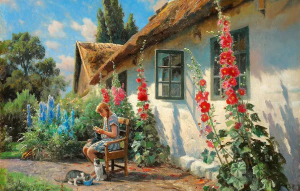 Flowers, Girl, House, Cats, Picture, Peter Merk Of Menstad, Peder Mørk Mønsted, Danish painter