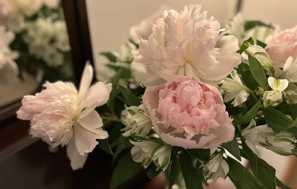 Leaves, flowers, bouquet, mirror, pink, white, peonies