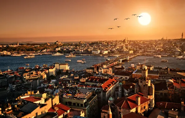 Sunset, city, the city, building, the evening, panorama, architecture, Istanbul