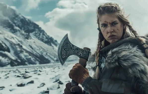 Winter, Girl, Look, Snow, Mountain, Axe, Warrior, Viking