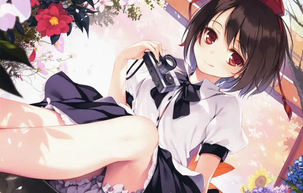 Flowers, the camera, blouse, bow, touhou, art, Aya Shameimaru, knickers