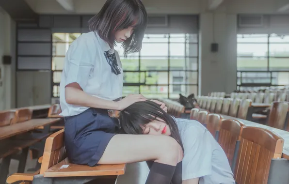 Asian, Table, Women, Models, Babes, Sitting, Closed Eyes, Uniform