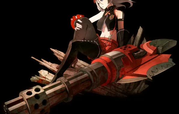 Picture girl, weapons, blood, hat, art, gun, sitting, god eater