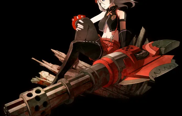 Girl, weapons, blood, hat, art, gun, sitting, god eater