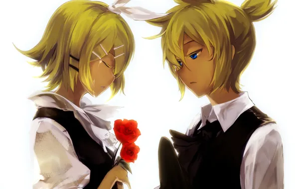 Girl, flowers, roses, tears, art, guy, vocaloid, bow