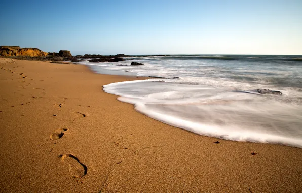Sand, sea, the sky, traces, blue, coast, Shore, day