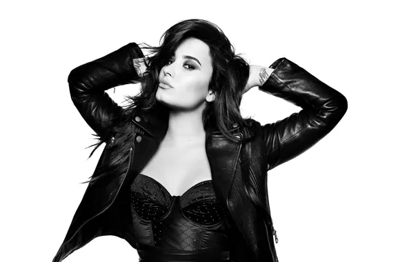 Girl, photo, jacket, black and white, Demi Lovato
