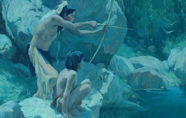 Picture bow, arrow, hunting, river, 1923, Eanger Irving Couse, Night Birds