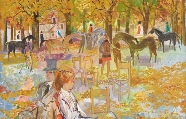 Autumn, trees, Park, people, picture, horse, the urban landscape, Emilio Grau Sala
