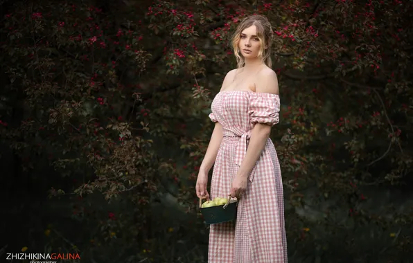 Look, girl, trees, pose, model, apples, portrait, makeup