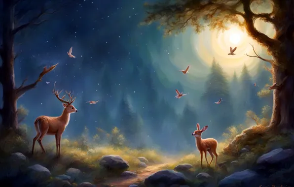 Picture forest, night, art, painting, deer