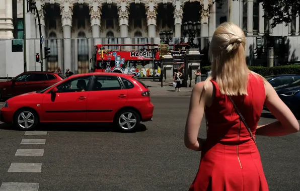 Road, girl, the sun, machine, the city, people, dress, blonde