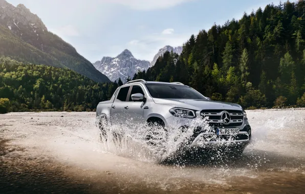 Water, mountains, squirt, Mercedes-Benz, pickup, 2018, X-Class, gray-silver