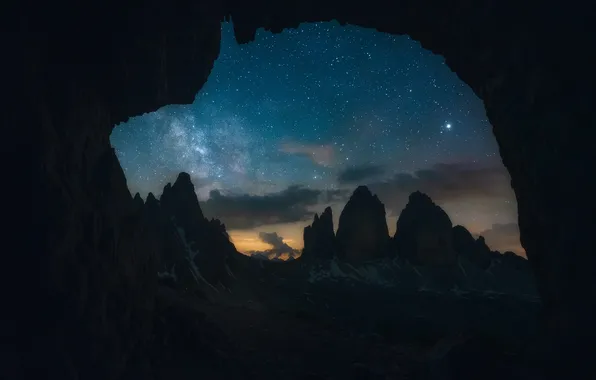 Stars, mountains, night, cave, The Dolomites