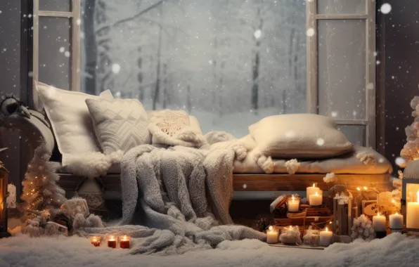 Comfort, heat, room, furniture, interior, pillow, candles, Christmas