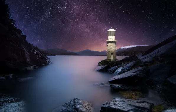 The sky, landscape, night, nature, stones, the ocean, rocks, lighthouse