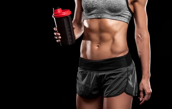 Women, fitness, abs, sportswear, physical activity, protein drinks, hydration