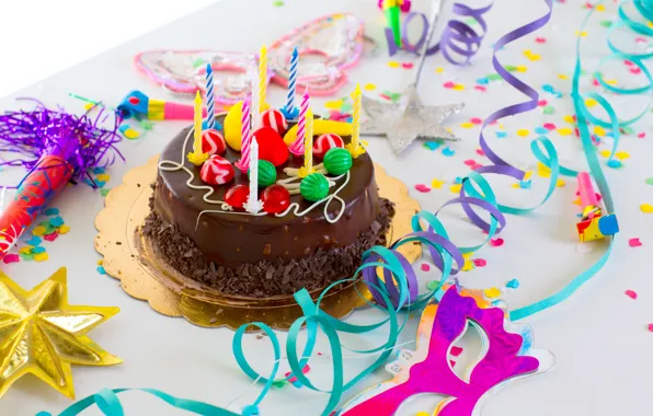 Candles, cake, serpentine, happy birthday, happy birthday