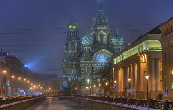 Picture fog, lights, Saint Petersburg, The Canal, Church Of The Savior On Blood
