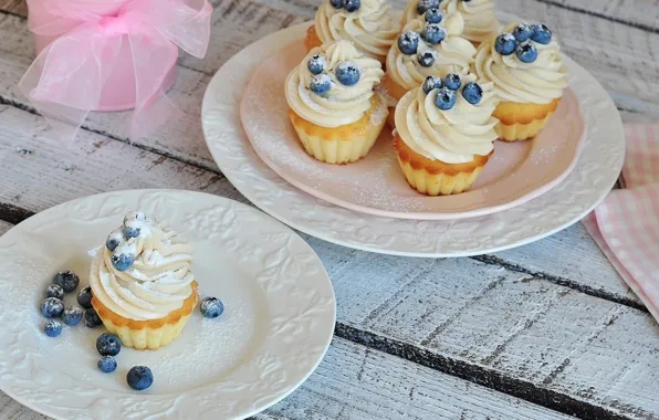 Blueberries, cream, cakes, sweet, cupcakes