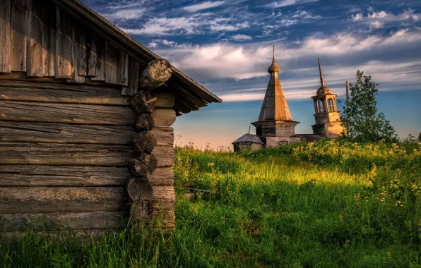 Picture village, temple, Arkhangelsk oblast, The Onega district, Volozero
