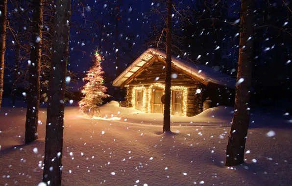 Winter, The evening, Snow, Forest, House, House, Winter, Snow