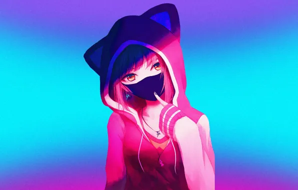 Neon, anime, mask, hood, gesture, anime, neon, digital art