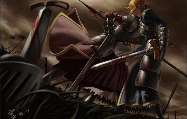 Picture grass, weapons, blood, sword, art, spear, battle, saber