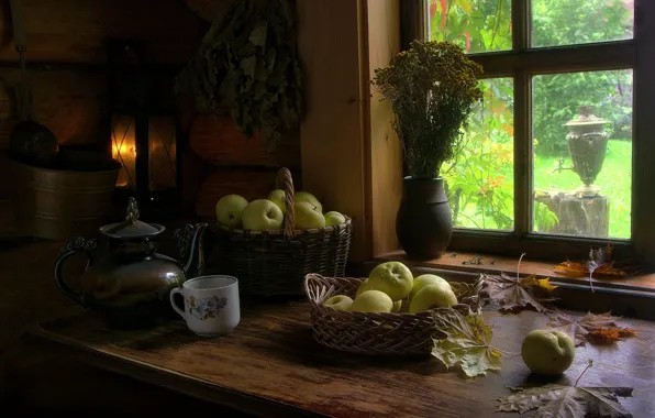 Picture table, apples, window, lights, dishes, basket, village house