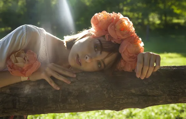 Summer, look, girl, rays, light, flowers, nature, face