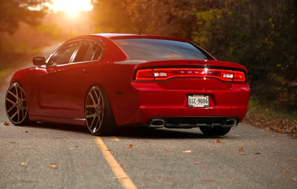 Picture the sun, red, red, Dodge, rear view, dodge, charger, the charger