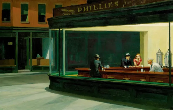Colors, night, cafe, Hopper, sensational
