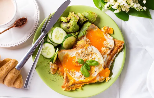 Coffee, Breakfast, scrambled eggs, cucumbers, salad, croissant