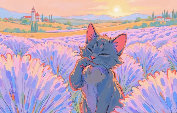 Cat, summer, cat, the sun, flowers, nature, pose, grey