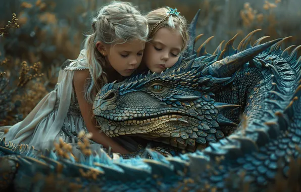Face, children, pose, dragon, girls, fantasy, Princess, AI art