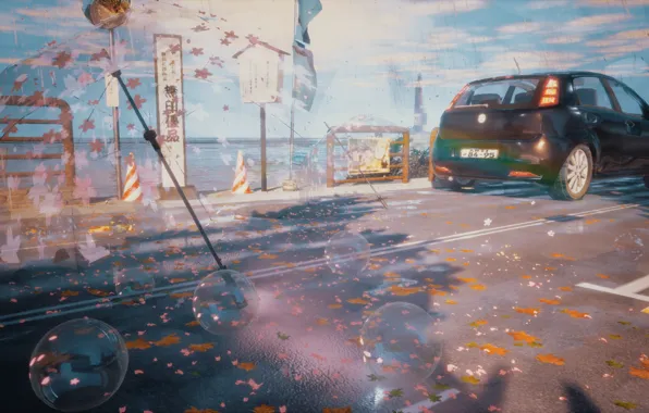 Machine, autumn, bubbles, rain, rainbow, umbrella, promenade