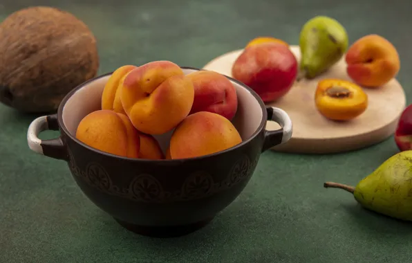 Coconut, bowl, fruit, peaches, pear, green background, bokeh, bowl
