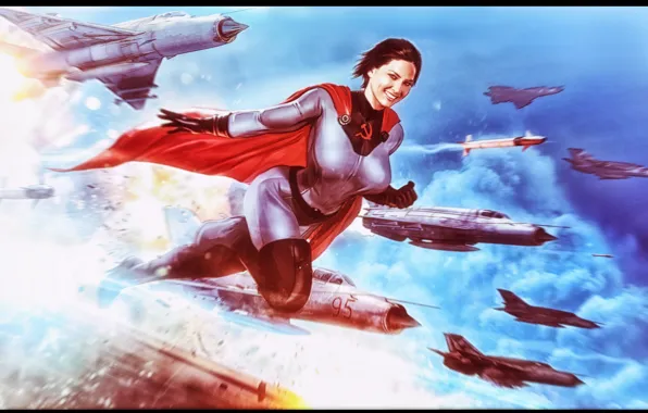 The sky, girl, fiction, aircraft, costume, cloak, superwoman, Soviet-Superwoman